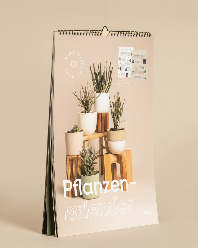 Der Pflanzenkalender ist ein stehender, spiralgebundener, immerwährender Kalender mit einem hellbeigen Hintergrund, der verschiedene getopfte Zimmerpflanzen auf Holzblöcken und den Titel 