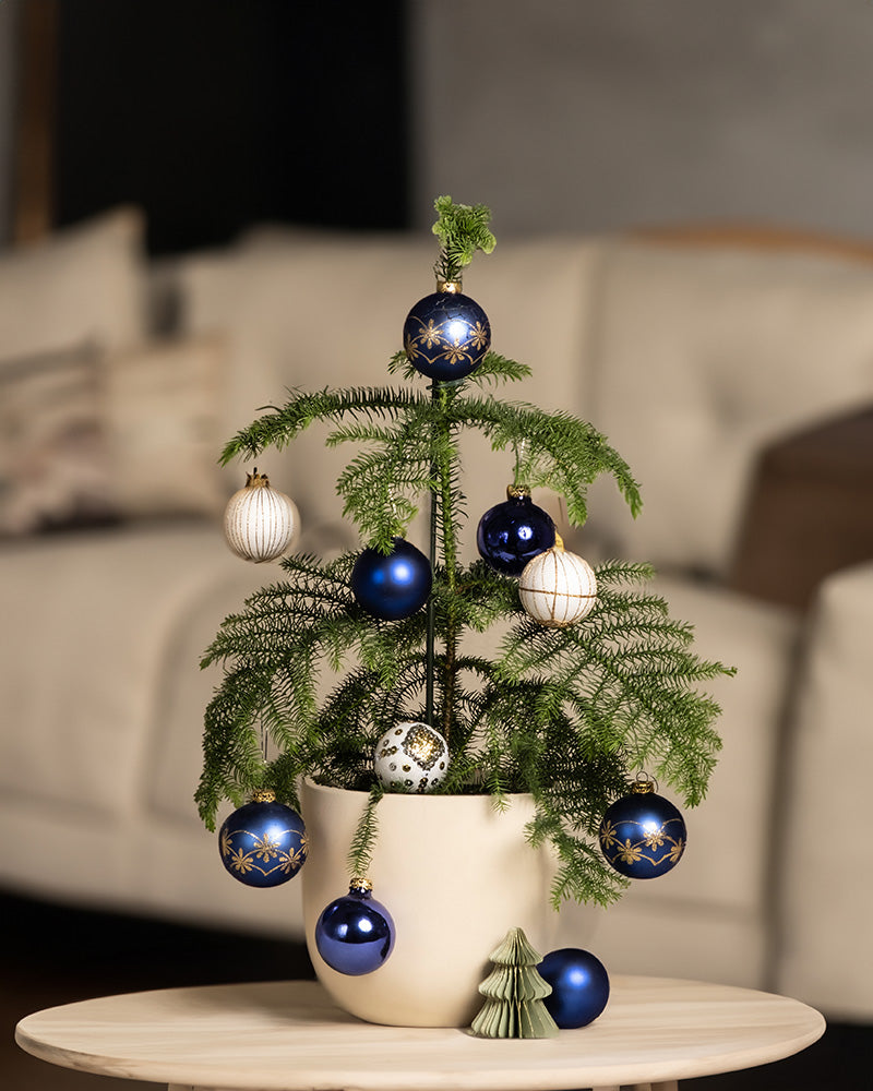 Wohnzimmeraufnahme von Weihnachtsbaum-Duo im Topf. Geschmückt mit Weihnachtskugeln