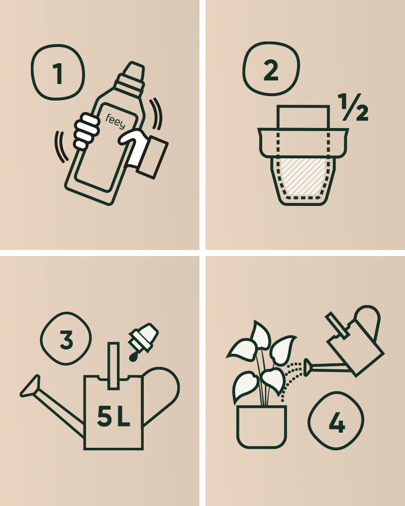 Vier illustrierte Schritte: 1. Schütteln Sie die Flüssigdünger-Flasche. 2. Füllen Sie eine Kappe zur Hälfte mit Flüssigkeit. 3. In eine 5-Liter-Gießkanne füllen. 4. Gießen Sie Ihre Zimmer- oder Balkonpflanzen mit der Mischung.