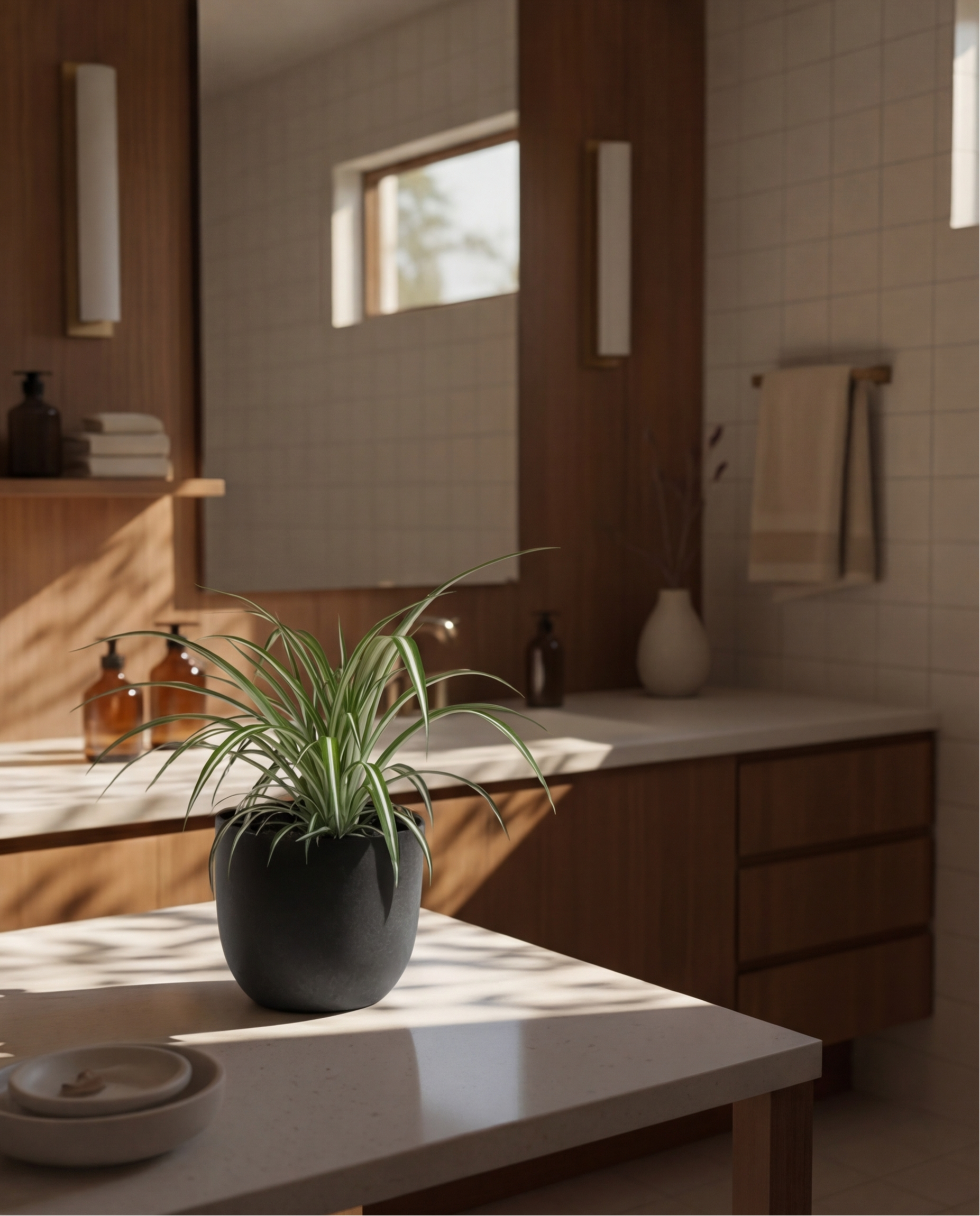 Ein modernes Badezimmer mit Holzschränken, weißen Arbeitsplatten und einer Grünlilie in einem schwarzen Topf auf der Theke, die durch kleine Fenster, die sanfte Schatten werfen, von der Sonne beschienen wird.