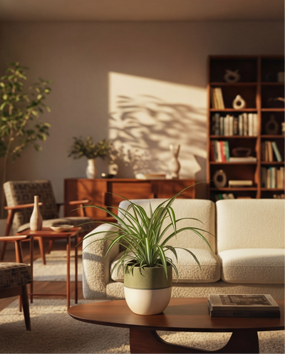 In einem sonnendurchfluteten Wohnzimmer stehen ein beiges Sofa, ein Couchtisch aus Holz mit einer getopften Grünlilie, Sessel und Bücherregale. Warmes Licht wirft die Schatten der Pflanzen an die Wand.