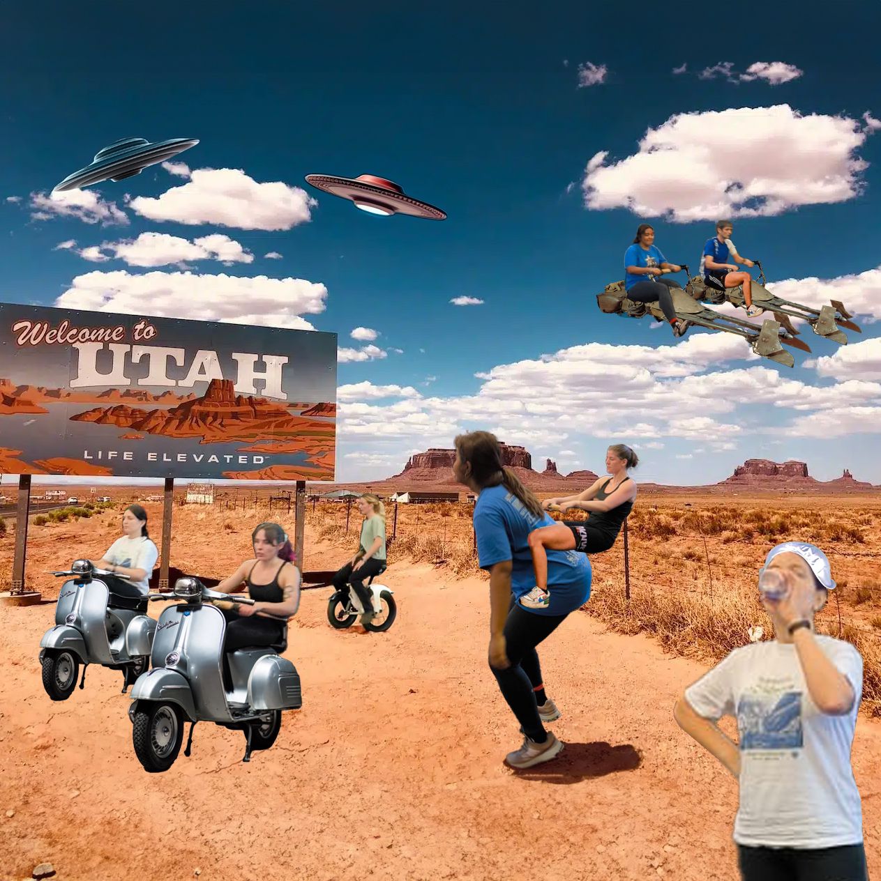 Kreativ zusammengestellte Collage mit verschiedenen Personen in einer Wüste als Hintergrund