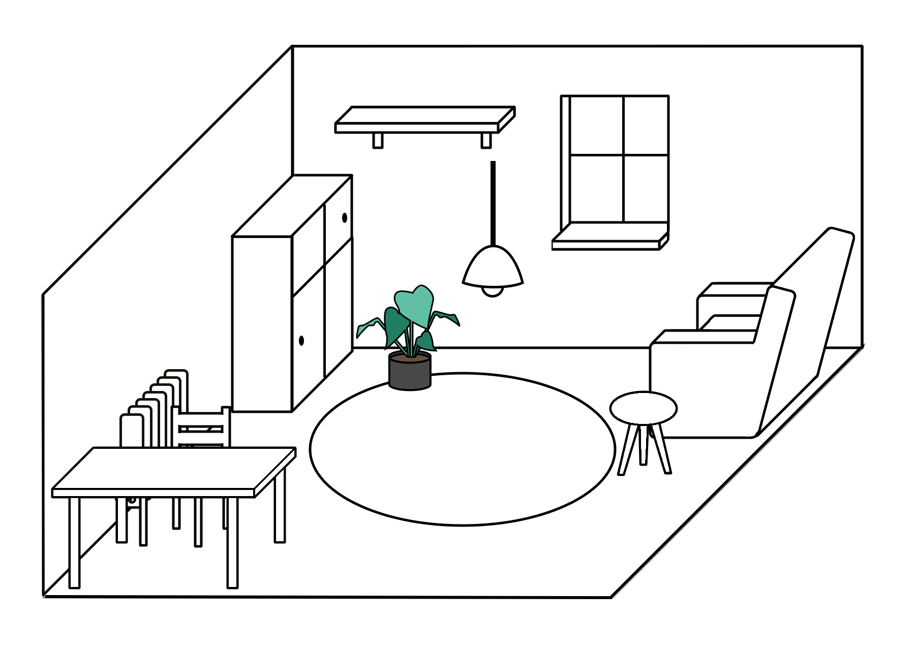 Illustration von einer Wohnung mit verschiedenen Möbeln, einem Fenster und einer Homalomena an einem hellen Standort ohne direktes Sonnenlicht.