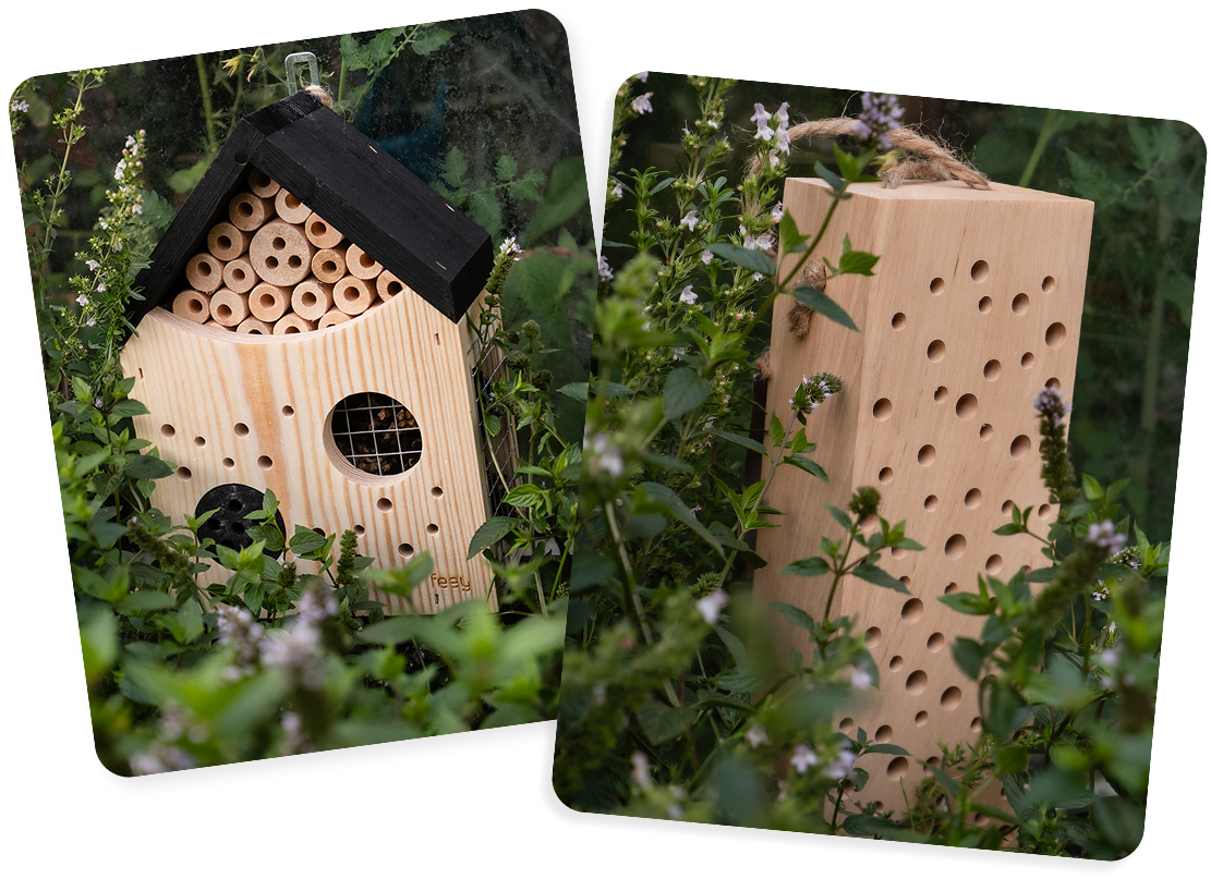 Collage: Insektenhotels im Gebüsch