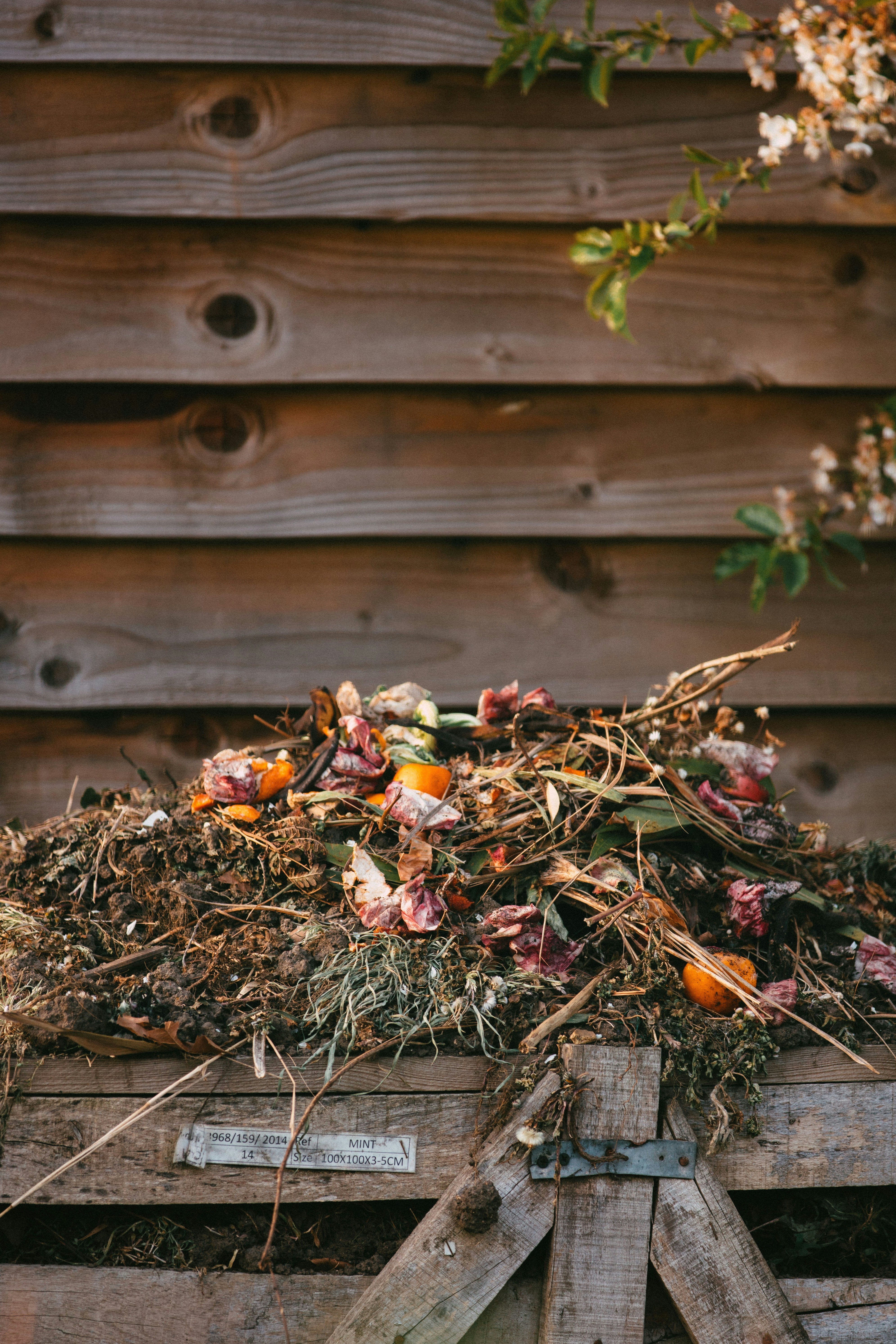 Aufnahme von einem Komposthaufen mit diversen Küchen- und Gartenabfällen