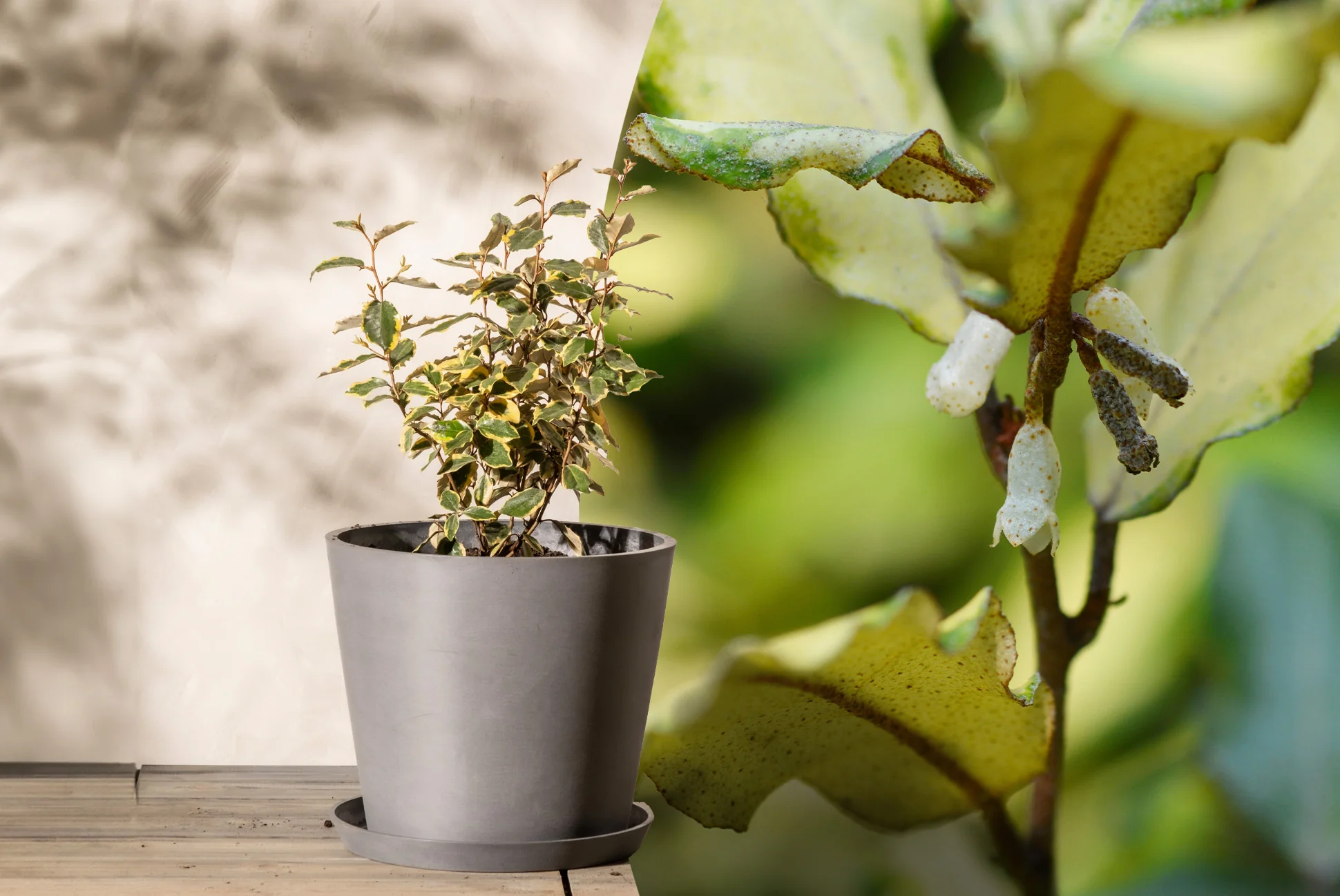 Lerne den Elaeagnus kennen... Junger Elaeagnus (Ölweide) mit grün-gelblichen Blätter in einem Pflanzkübel eingetopft neben einer Nahaufnahme von seinen leichtgepunkteten Blättern und Blüten im Frühling.