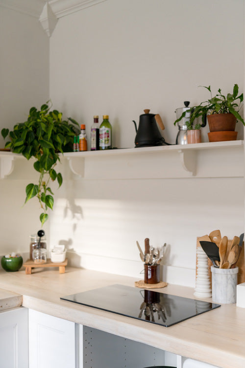 Küchentheke mit einem Philodendron scandens Brasil und einer anderen grünen Pflanze auf einem offenen Regalbrett, auf dem auch zwei Kaffeemaschinen und Öl und Balsamico stehen