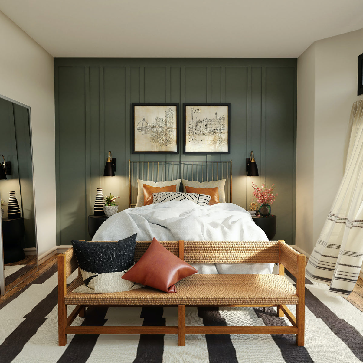 Das Bild zeigt ein Bett vor einer dunkelgrünen Wand mit terrakotta-farbenen Kissen.