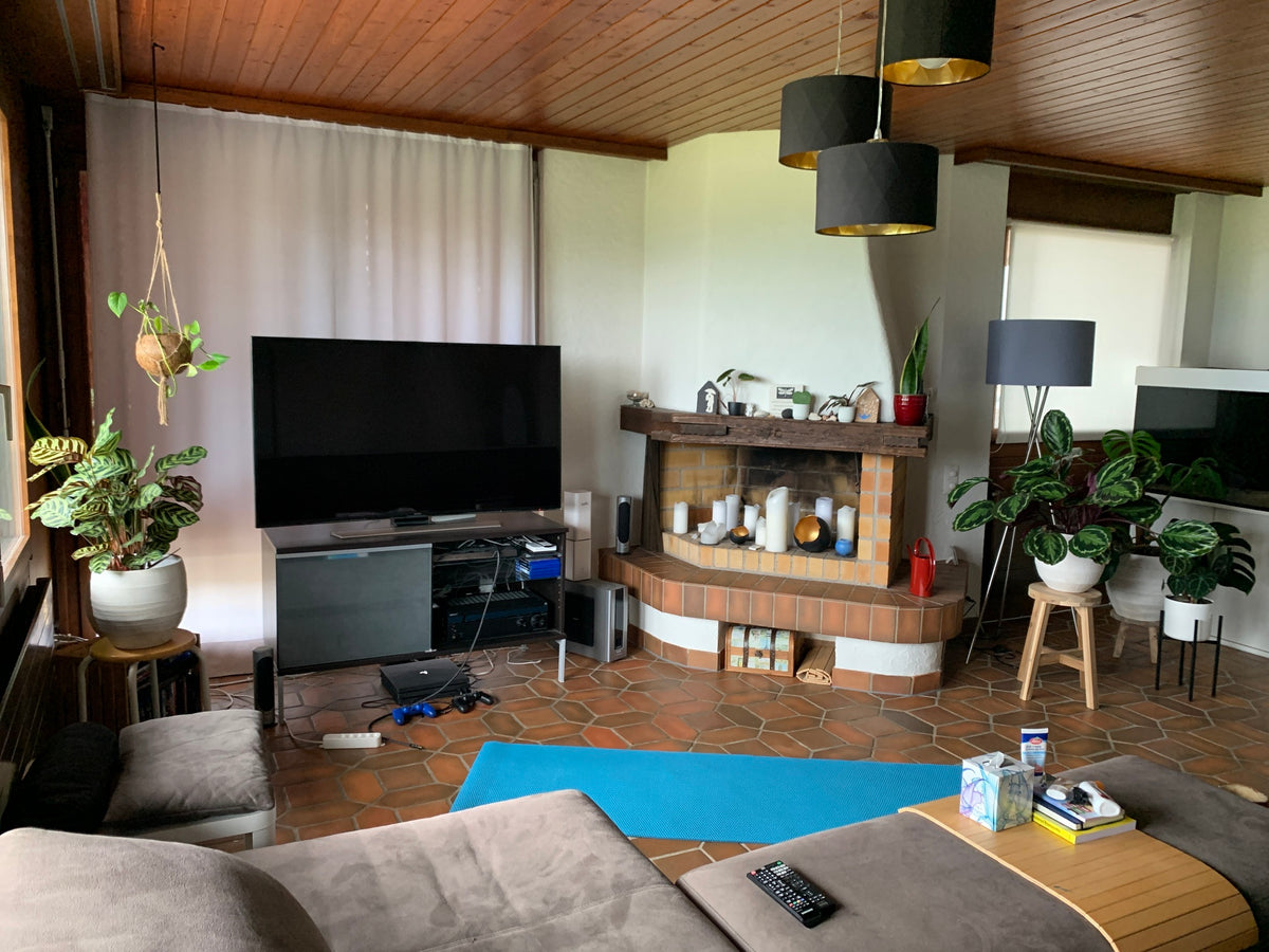 Heimeliges Wohnzimmer mit gekacheltem Boden, Kachelofen, rundherum feey-Pflanzen auf Hockern und im Vordergrund ein graues Sofa