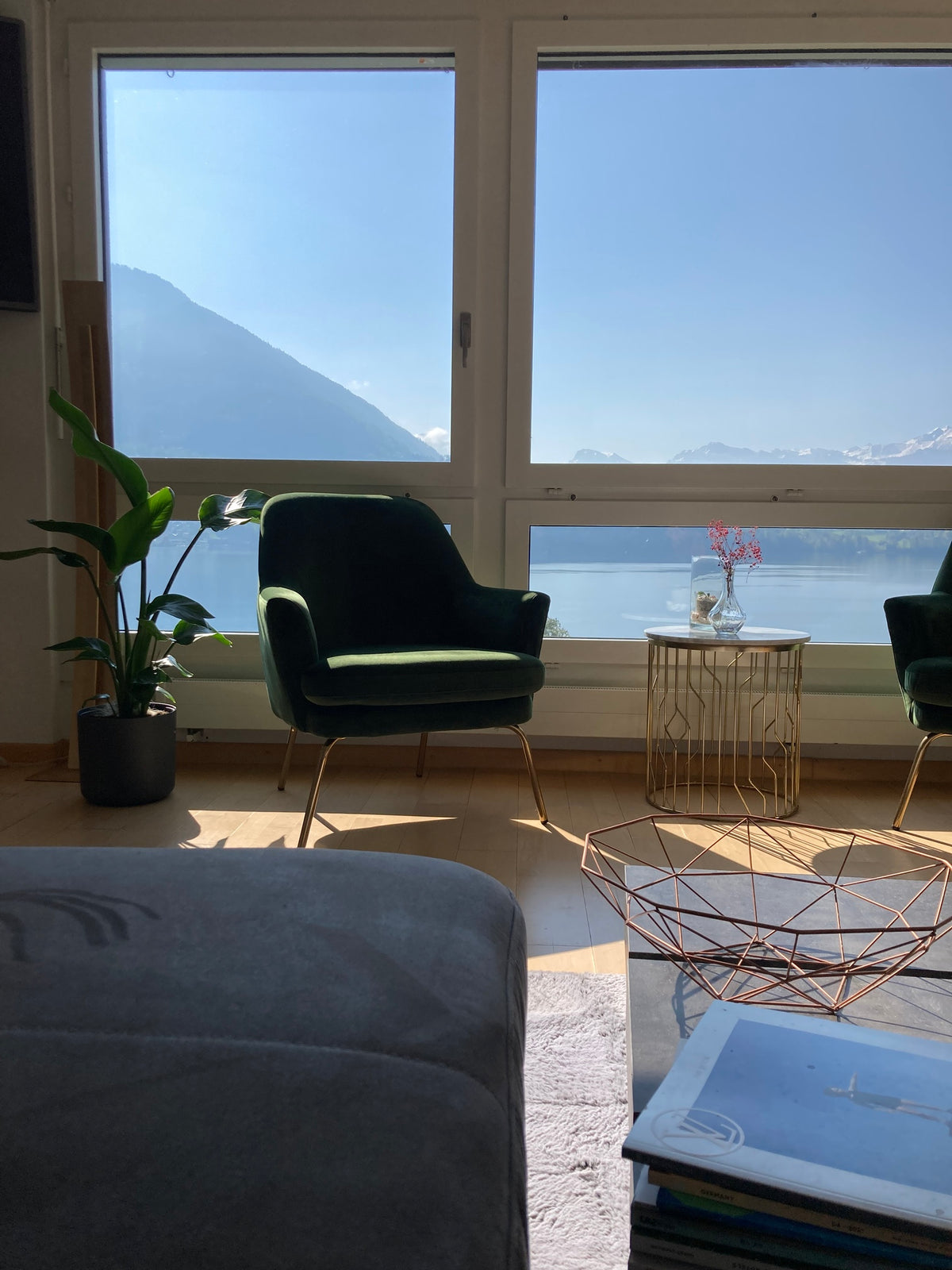 Grüner Sessel und grosse Strelitzie im Wohnzimmer an einer Fensterfront, die den Blick auf den See und Berge freigibt